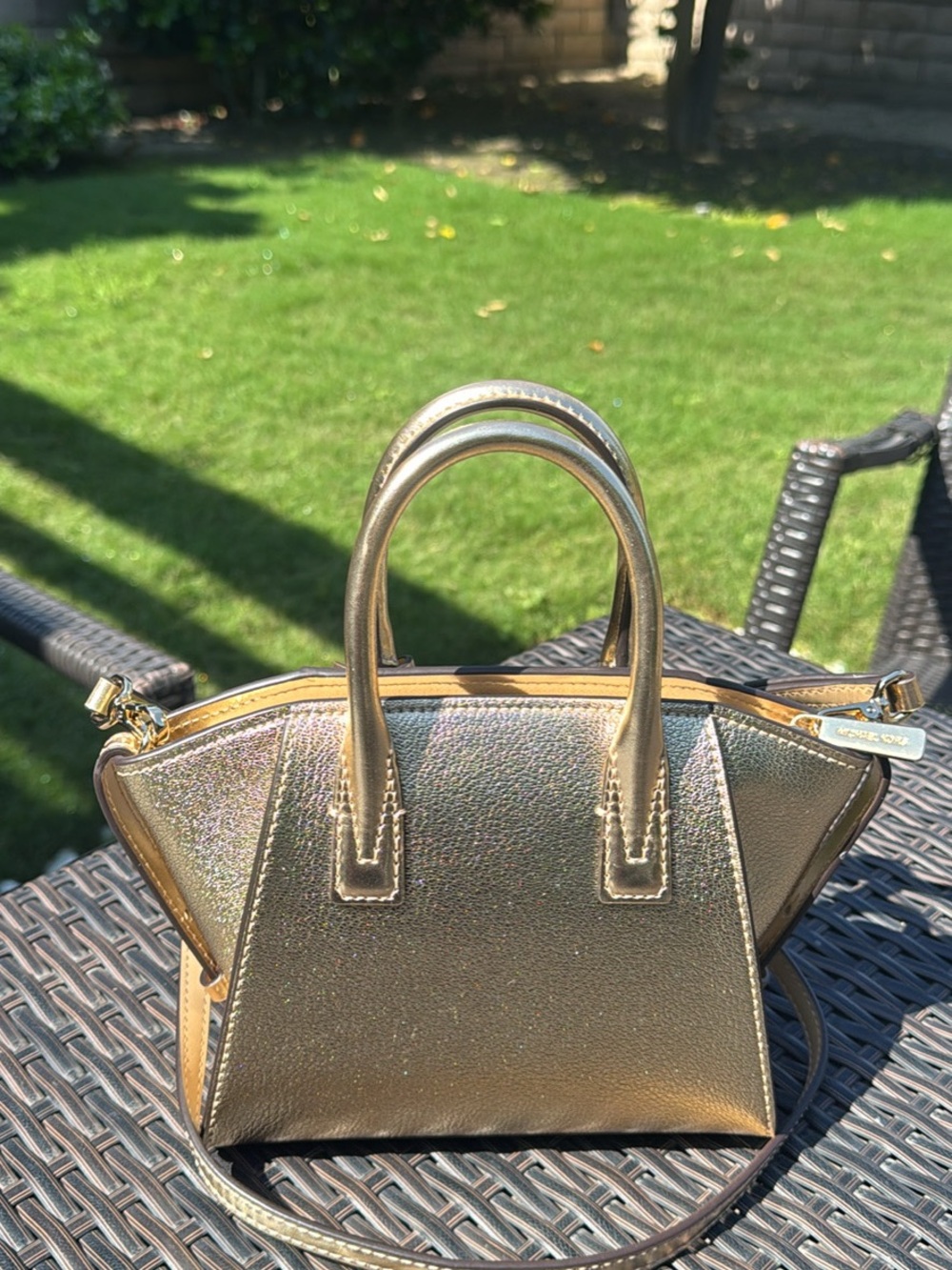 Michael Kors Gold Metallic Satchel with MK Charm - Picture 2 of 4